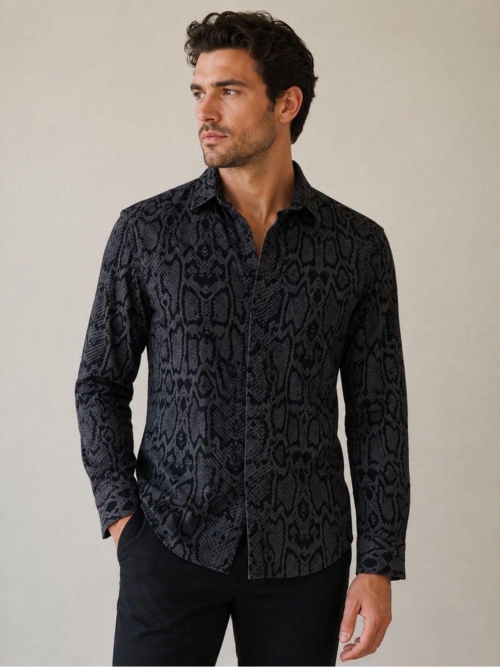 Men's Black Snake-Pattern Long Sleeve Button-Down Shirt